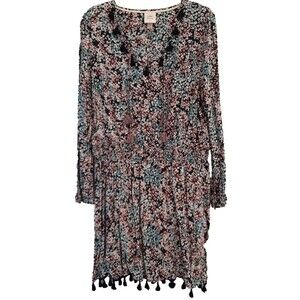 NEW Knox Rose Midi Dress XL Blue Floral Boho Festival Tassels Cinched Waist NWT